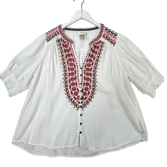 Knox Rose Embroidered Bohemian Style White Top 3/4 Sleeve V-neck Button Front, M - Picture 1 of 11